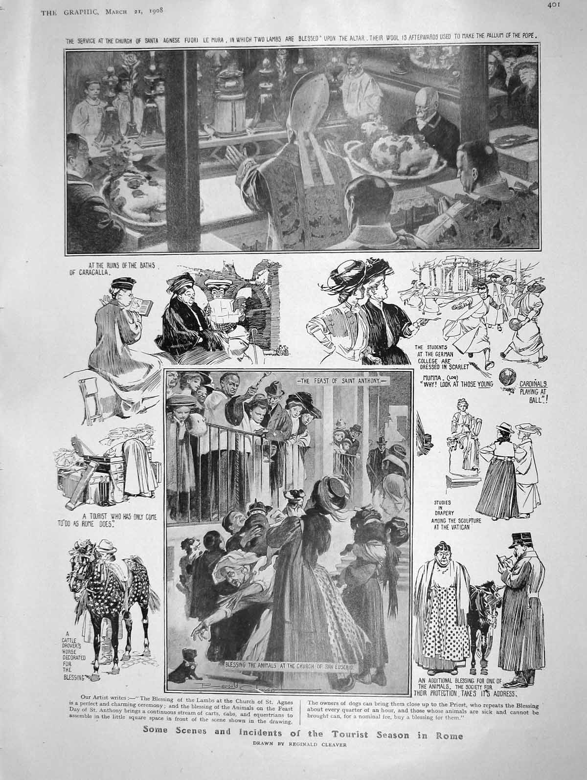 Original Old Antique Print 1908 Tourists Rome Church Agnese Firmin Alexis Moll