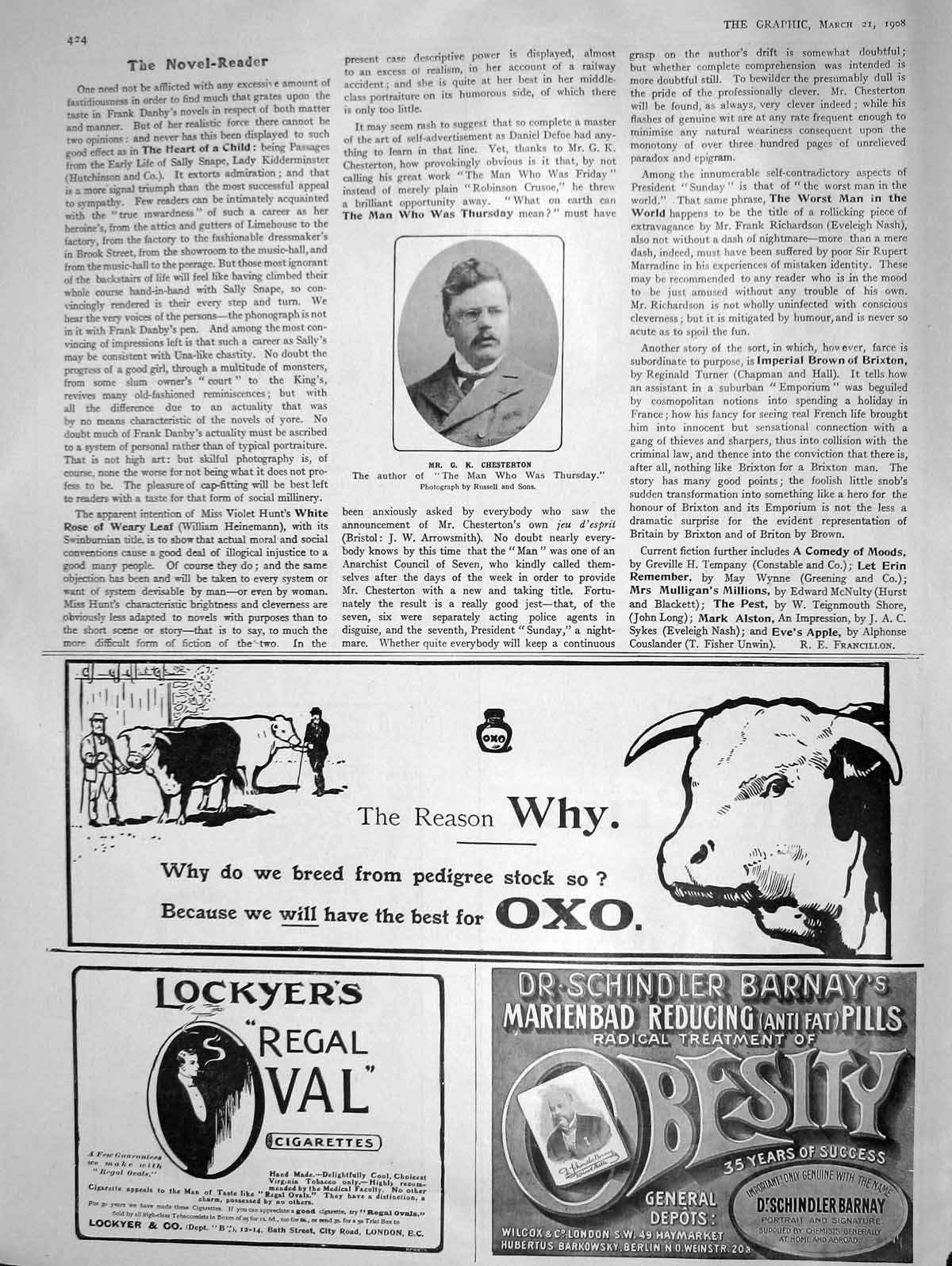 Original Old Antique Print 1908 Portrait Mr. Chesterton Author Oxo Cigarettes