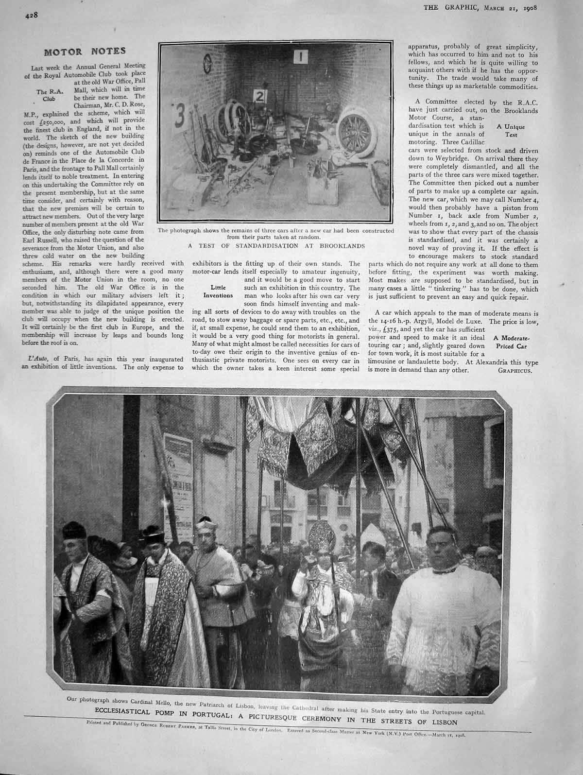 Old Antique Print 1908 Ecclesiastical Pomp Portugal Lisbon Brooklands Car 20th