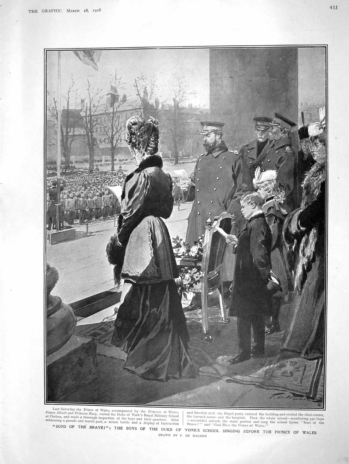 Original Old Antique Print 1908 Boys Duke York School Prince Wales Lady Elliot