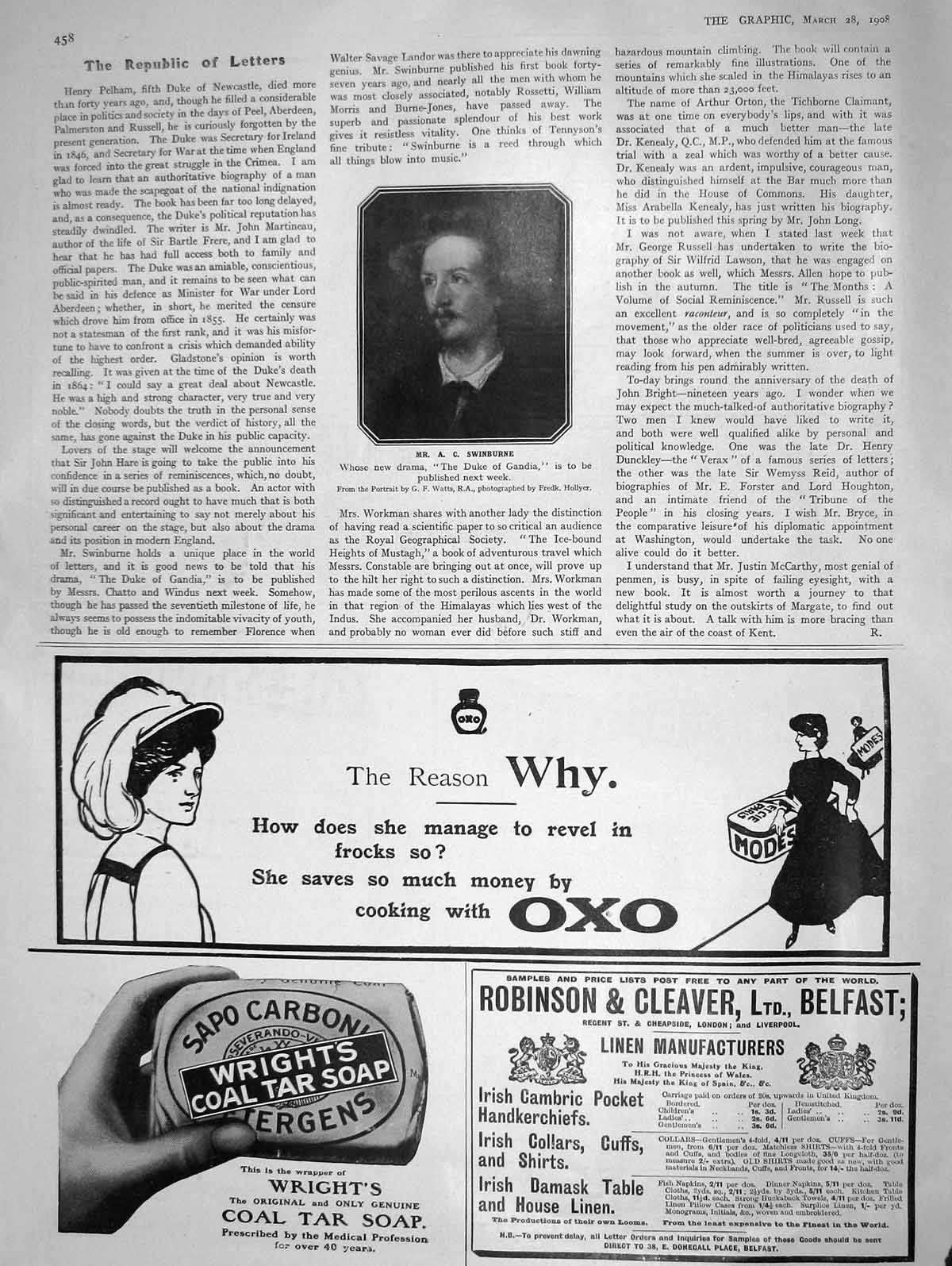 Original Old Antique Print 1908 Portrait Mr. Swinburne Duke Gandia Oxo Wrights