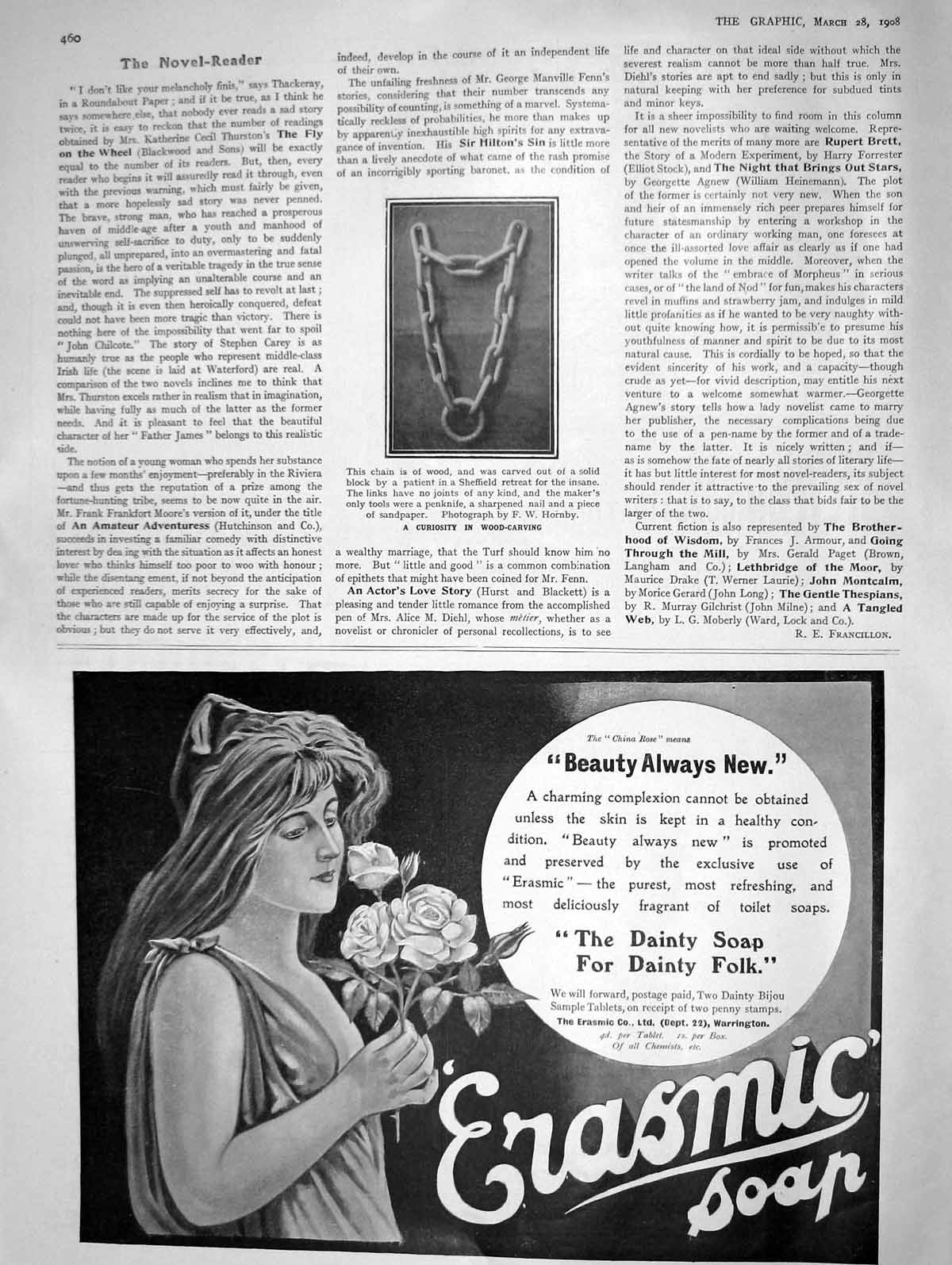 Original Old Antique Print 1908 Chaid Wood Carving Sheffield Erasmic Soap 20th