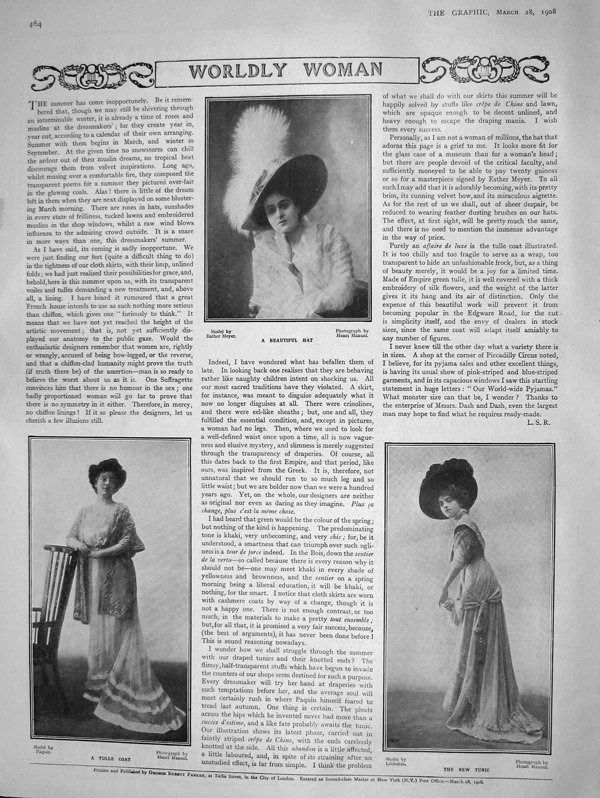Original Old Antique Print 1908 Beautiful Hat Tunic Tulle Coat Ladies Fashion