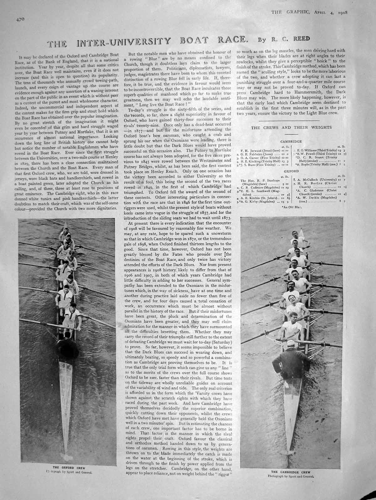 Original Old Antique Print 1908 Oxford Cambridge Boat Race Kaiser Italy Canal