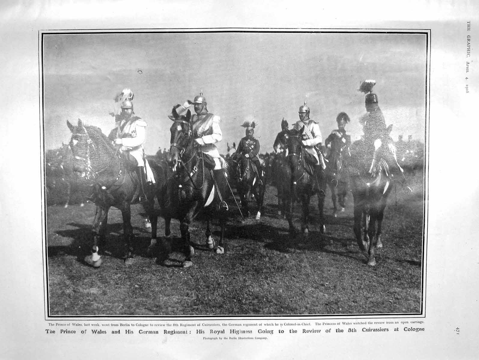Original Old Antique Print 1908 Prince Wales Cuirassiers Cologne Siers Fielden
