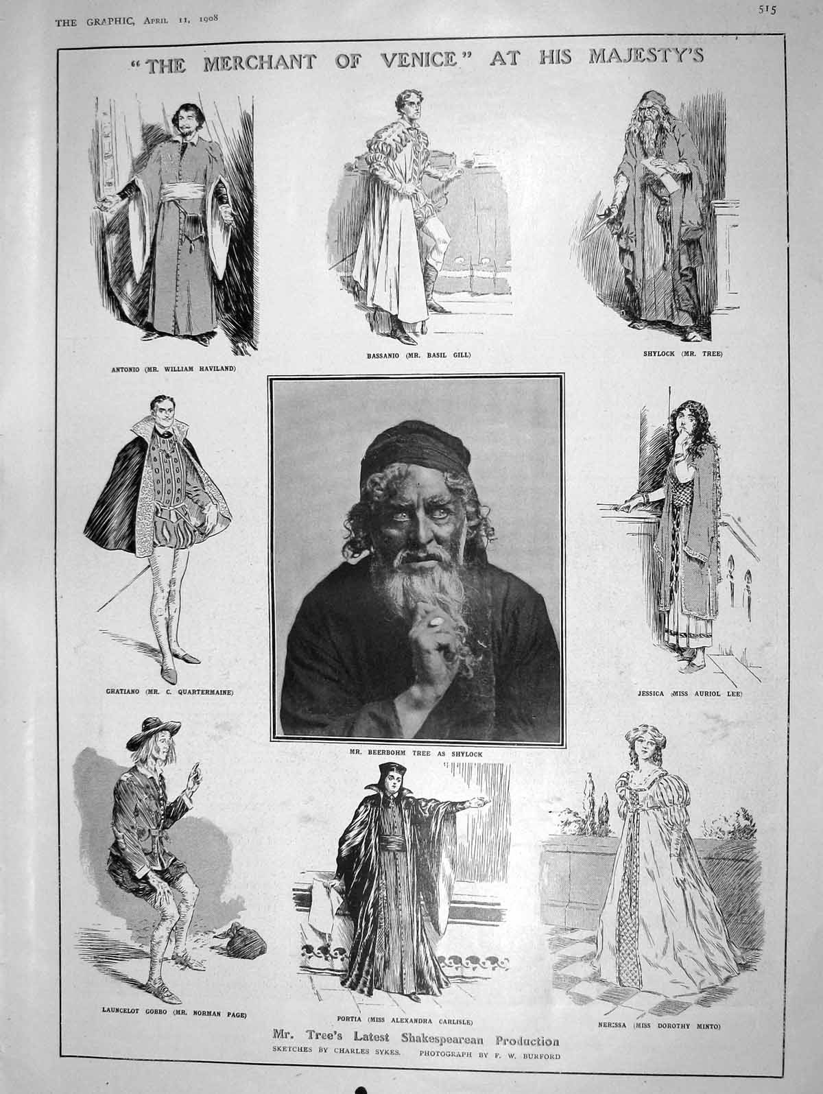 Original Old Antique Print 1908 Merchant Venice Theatre Tree Minto Music Celli