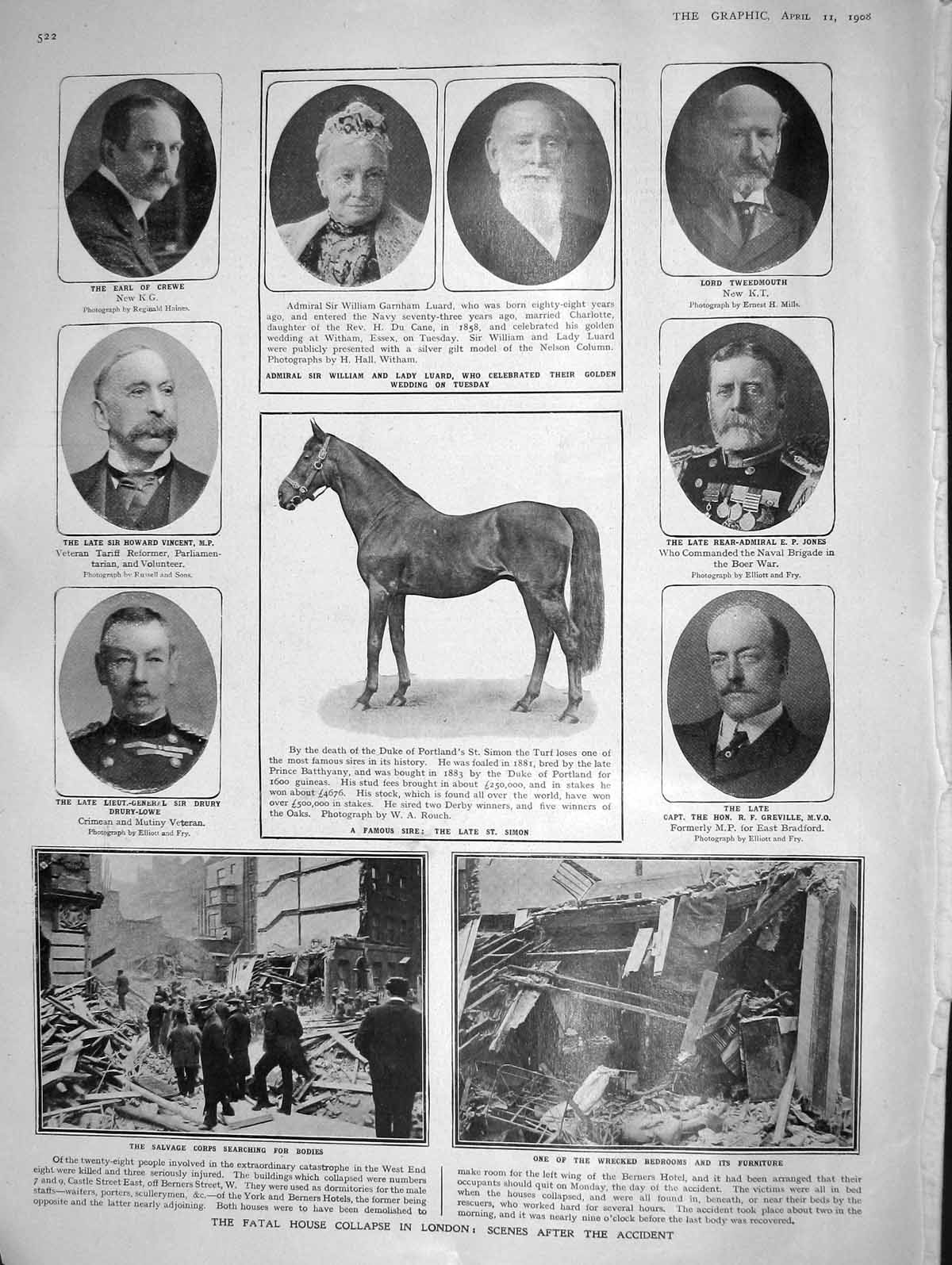 Old Antique Print 1908 Luard Tweedmouth Jones Greville Crewe London House 20th