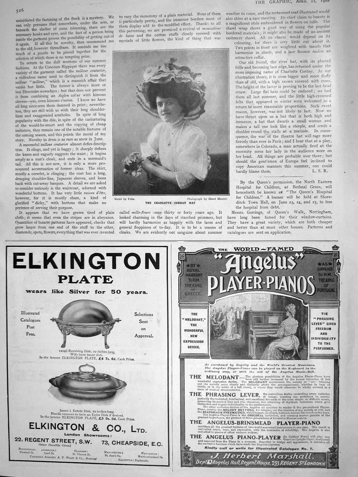 Original Old Antique Print 1908 Charlotte Corday Hat Ladies Fashion Elkington