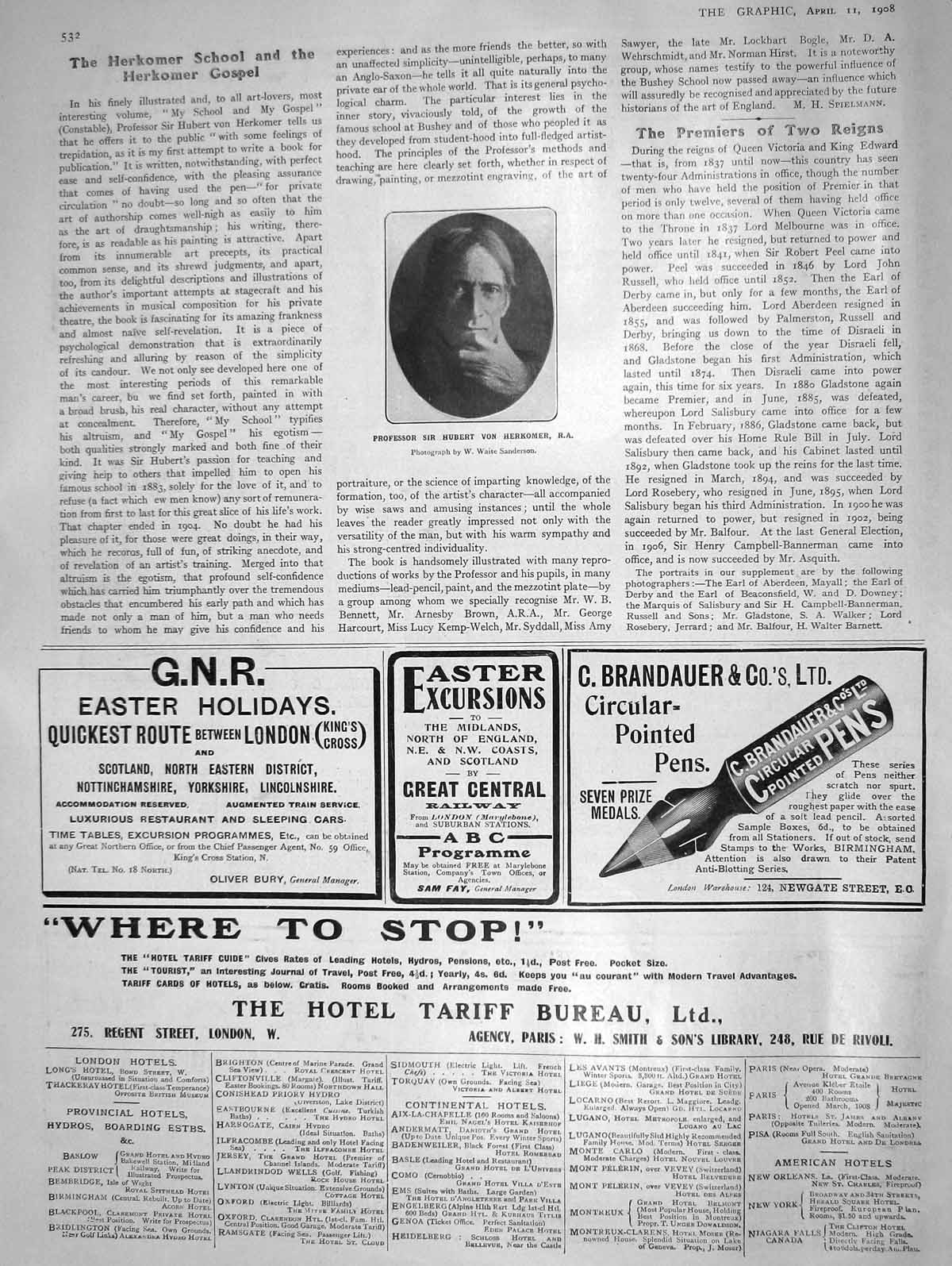 Original Old Antique Print 1908 Portrait Professor Sir Hubert Von Herkomer Pens