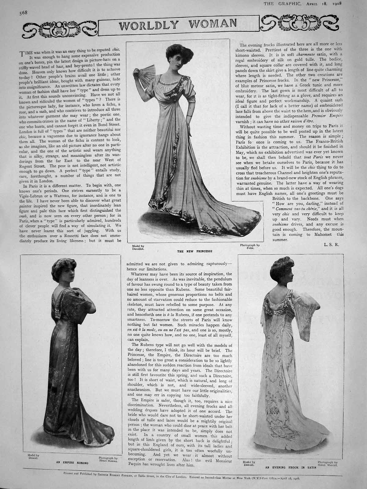 Old Antique Print 1908 Ladies Fashion Empire Kimono Frock Satin Princesse 20th