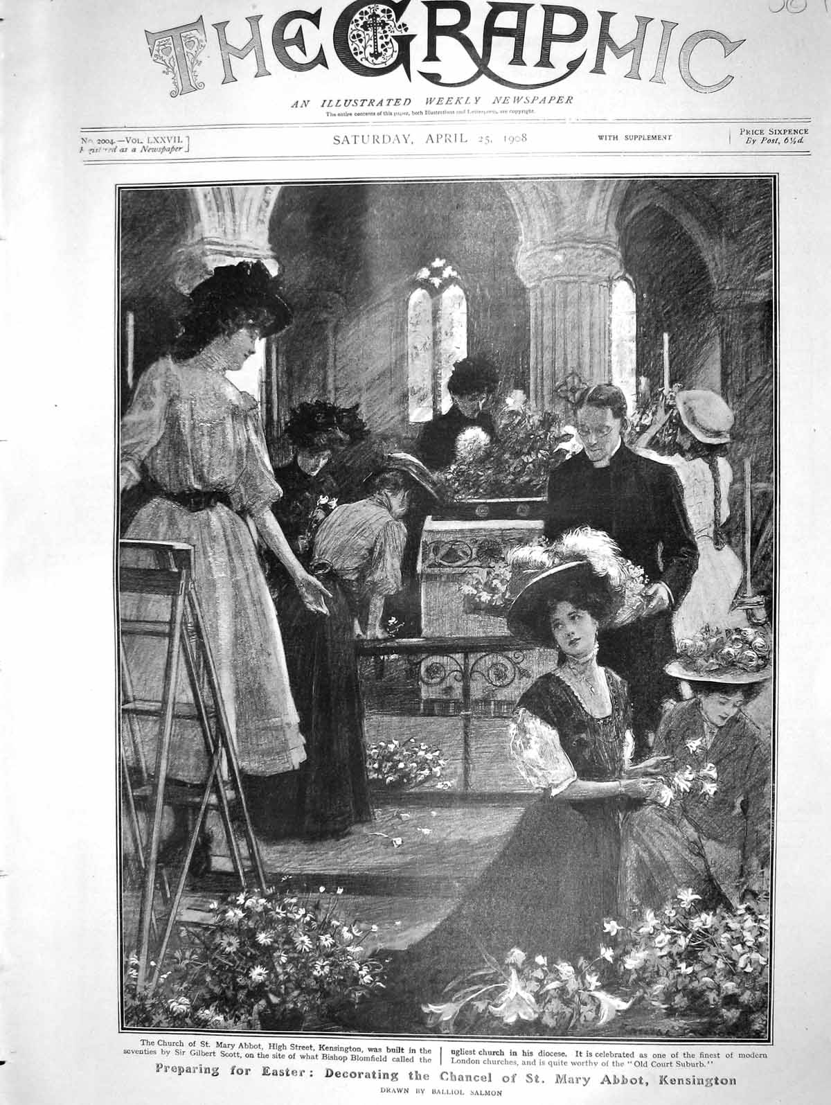 Original Old Antique Print 1908 Easter Decorating Chancel Mary Abbot Kensington