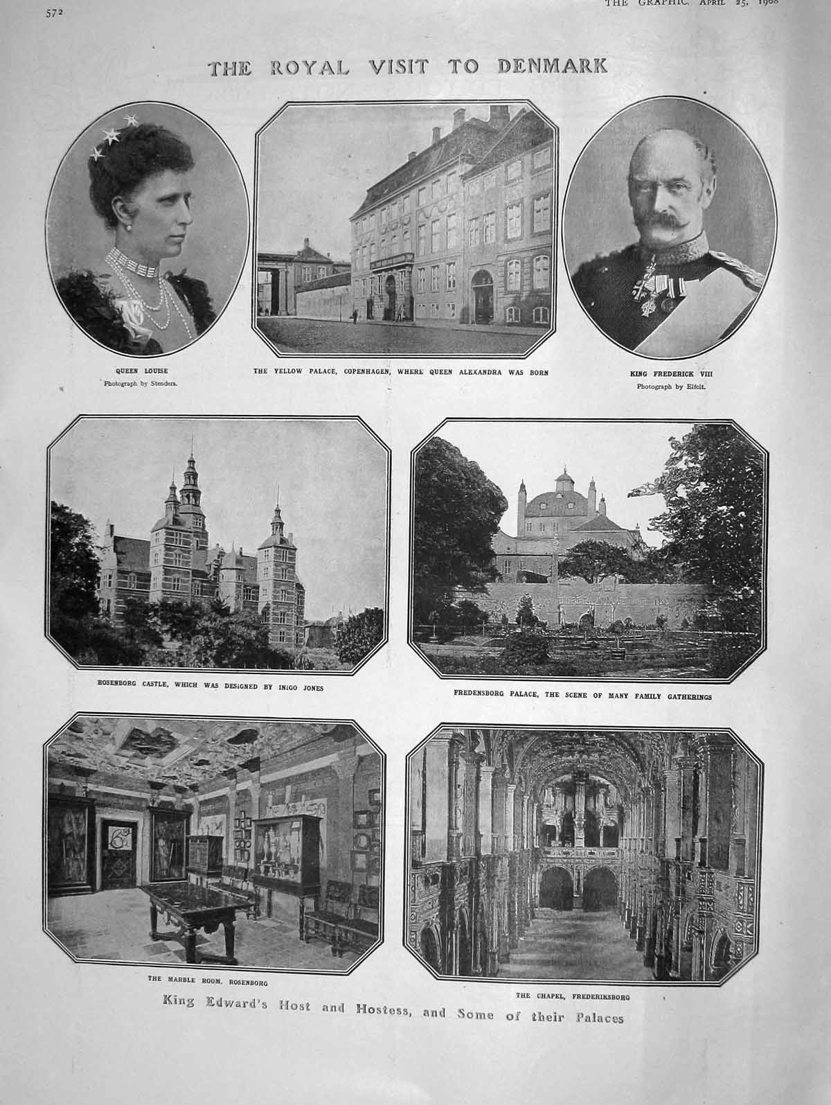 Old Antique Print 1908 Queen Louise Denmark Yellow Palace Frederiksborg 20th