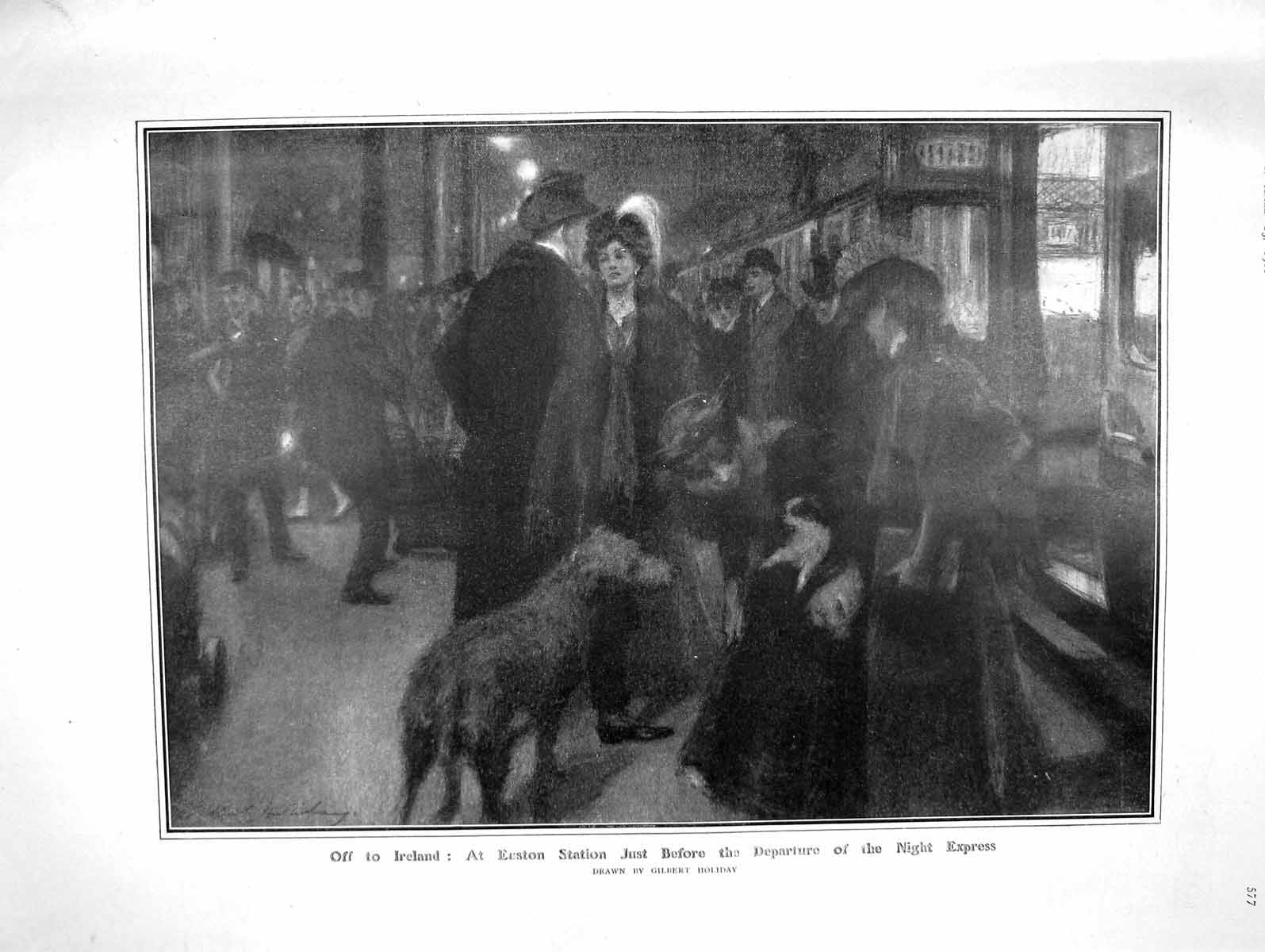 Original Old Antique Print 1908 Ireland Euston Station Train Herbert Twain Grey