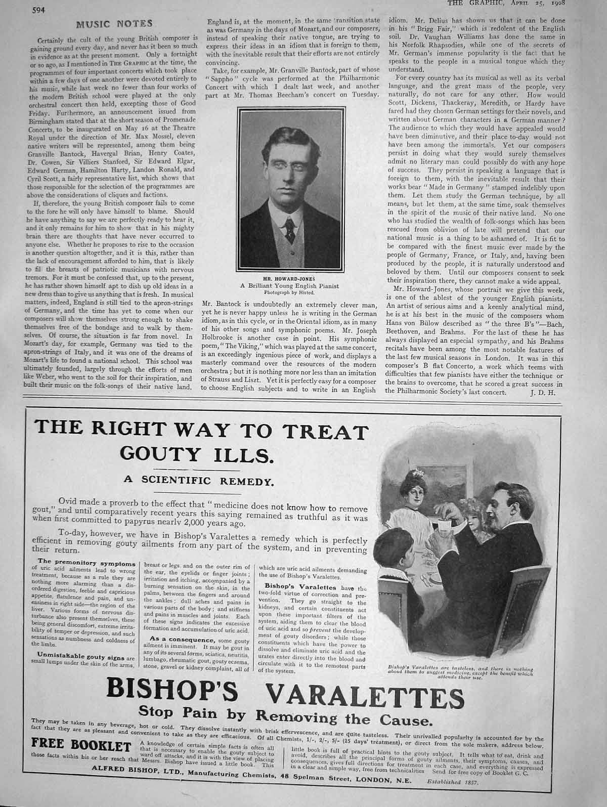 Old Antique Print 1908 Mr Howard Jones English Pianist Bishops Varalettes 20th