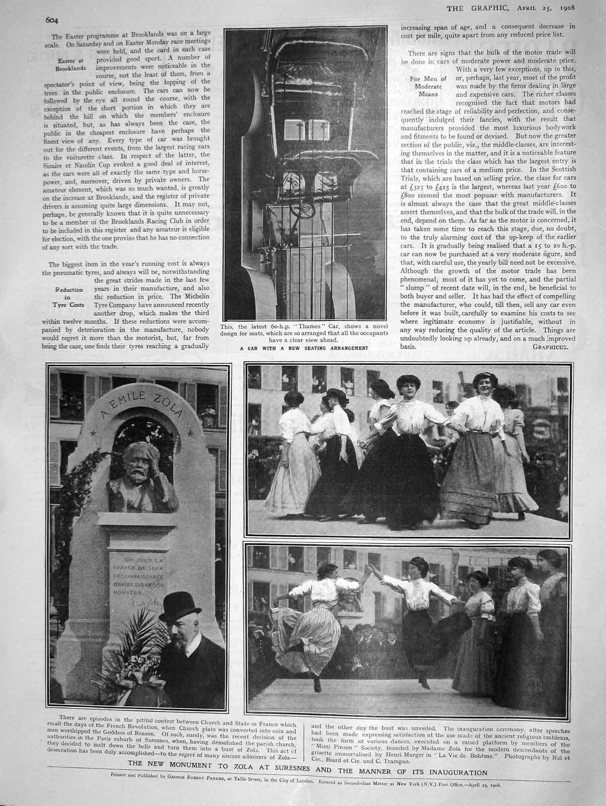 Original Old Antique Print 1908 Monument Zola Suresnes Thames Motor Car Seating
