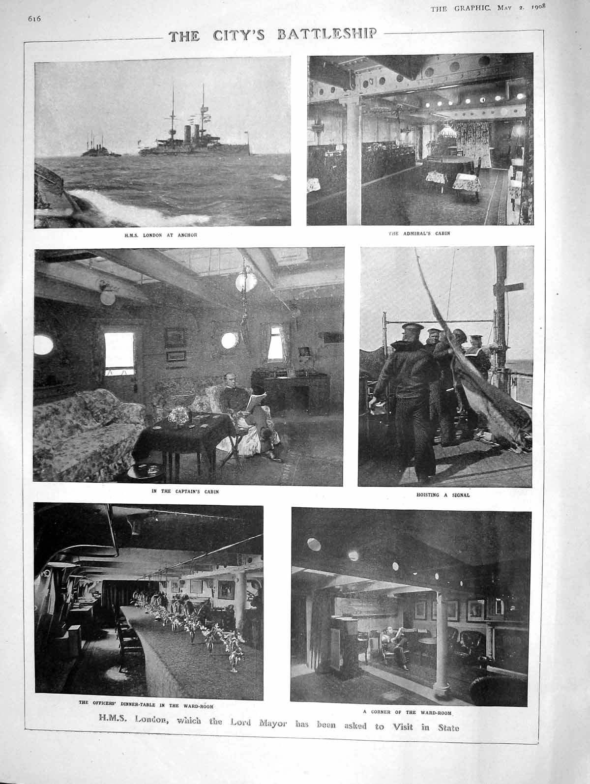 Old Antique Print 1908 Ship London Lord Mayor Captain Cabin Turret Cups 20th