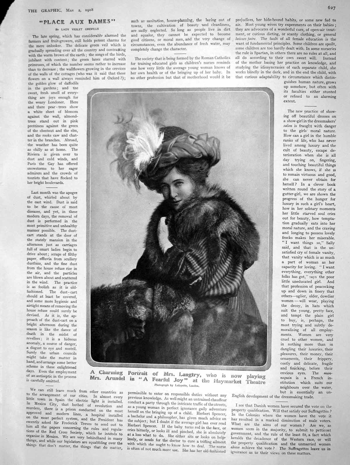 Old Antique Print 1908 Theatre Mrs Langtry Womens Fashion Dress Hat Frock 20th