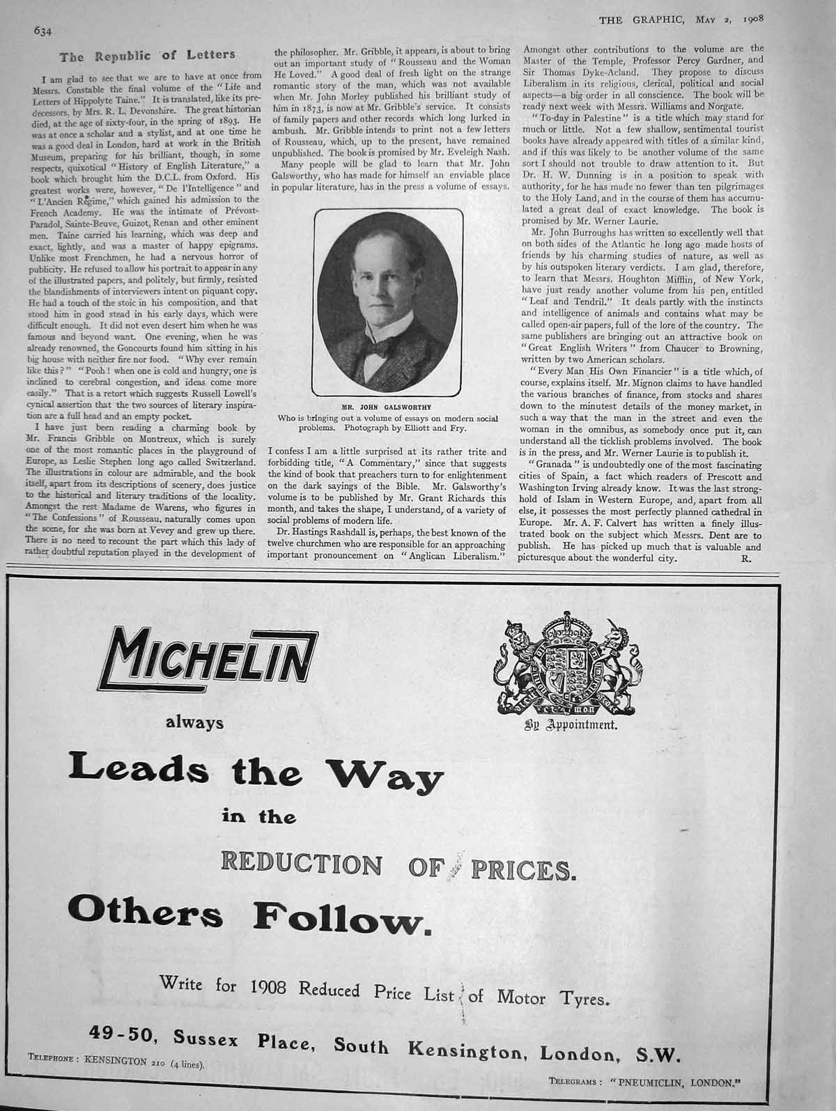 Old Antique Print 1908 Portrait Mr John Galsworthy Author Michelin Tyres 20th