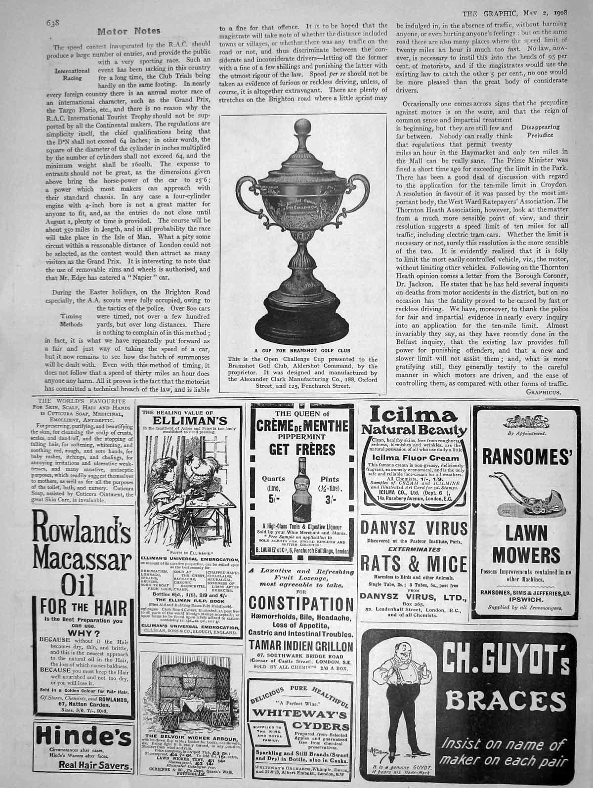Old Antique Print 1908 Cup Bramshot Golf Club Aldershot Ellimans Menthe 20th
