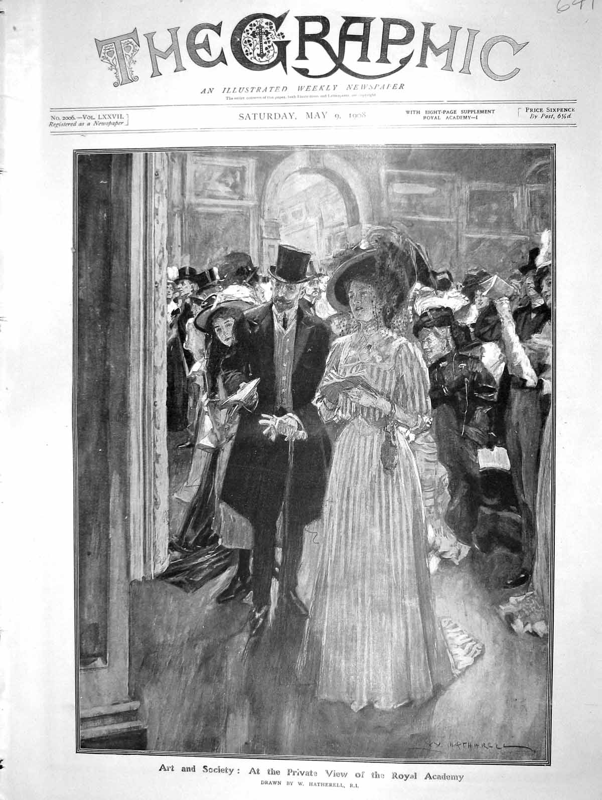 Old Antique Print 1908 Art Society Private View Royal Academy Hatherell 20th