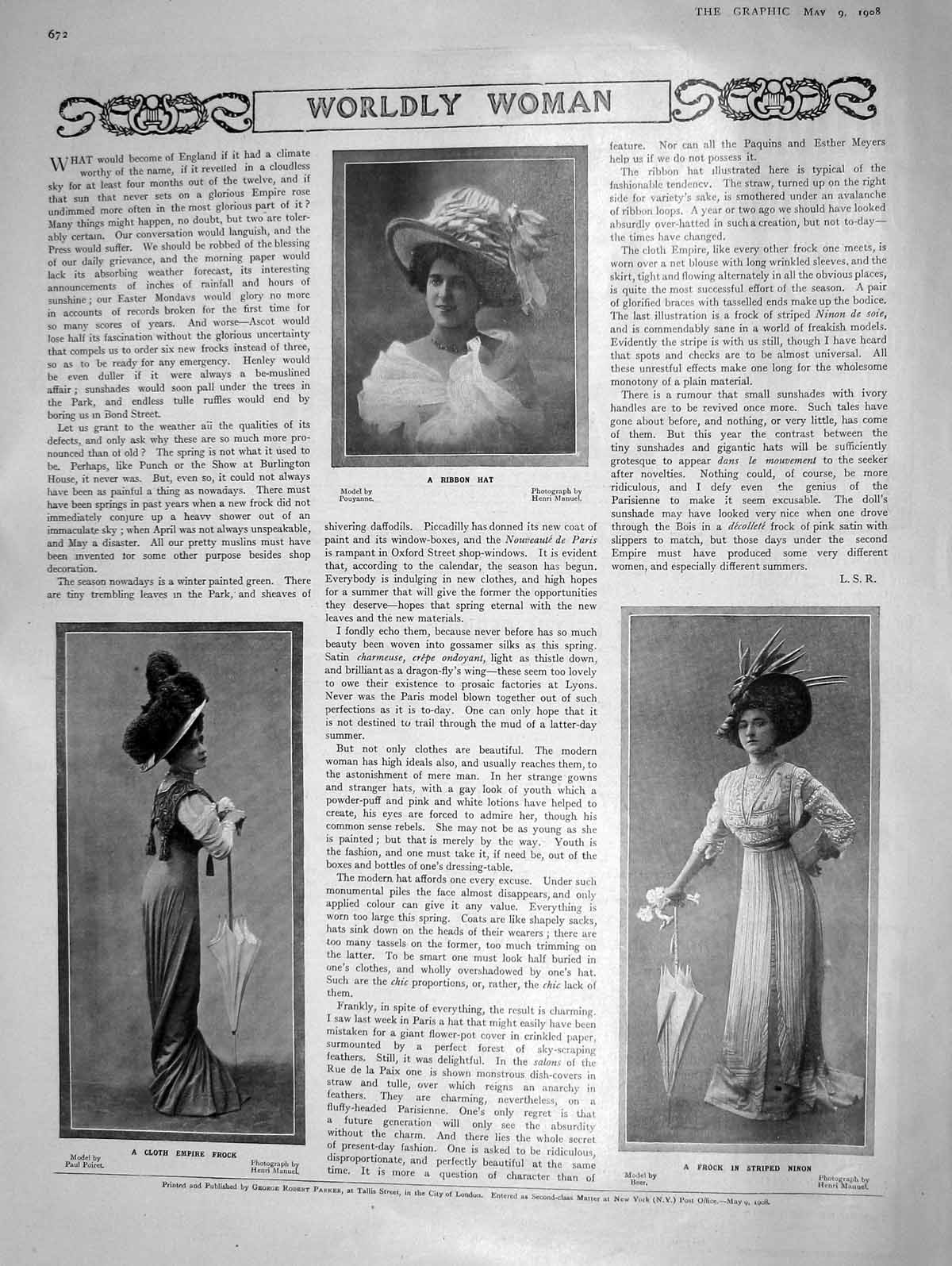 Old Antique Print 1908 Ribbon Hat Cloth Empire Frock Striped Ninon Dress 20th