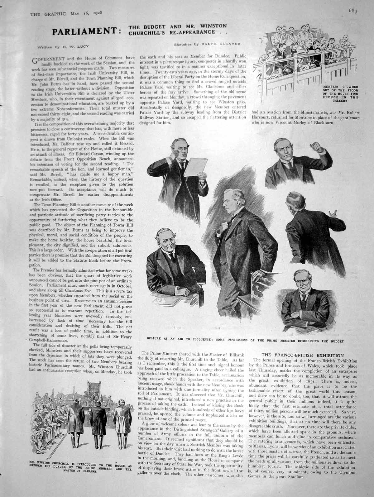 Original Old Antique Print 1908 Parliament Winston Churchill Fallieres Fashion