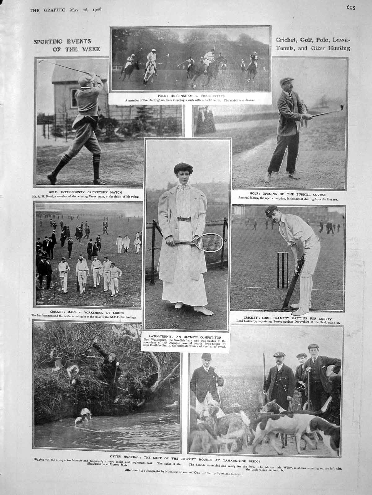 Old Antique Print 1908 Tennis Wallenberg Otter Hunting Polo Golf Cricket 20th