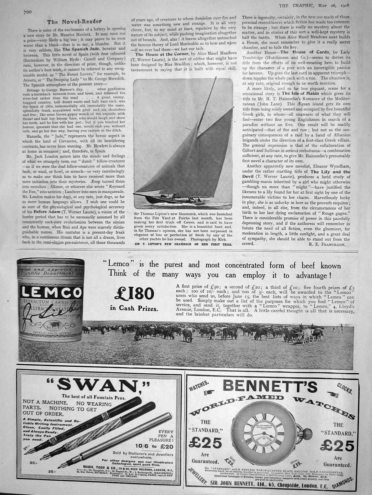 Original Old Antique Print 1908 Thomas Lipton Shamrock Yacht Fife Yard Fairlie