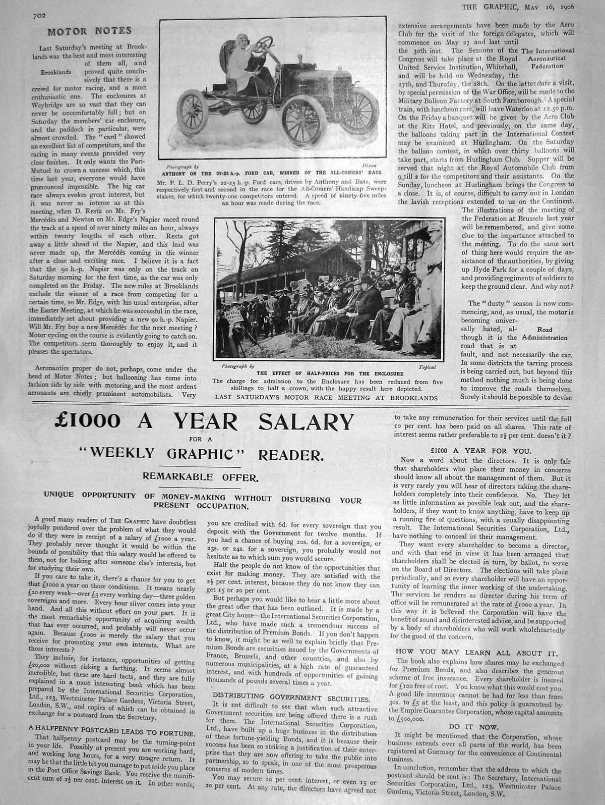 Original Old Antique Print 1908 Anthony Ford Car Perry Motor Brooklands Sport