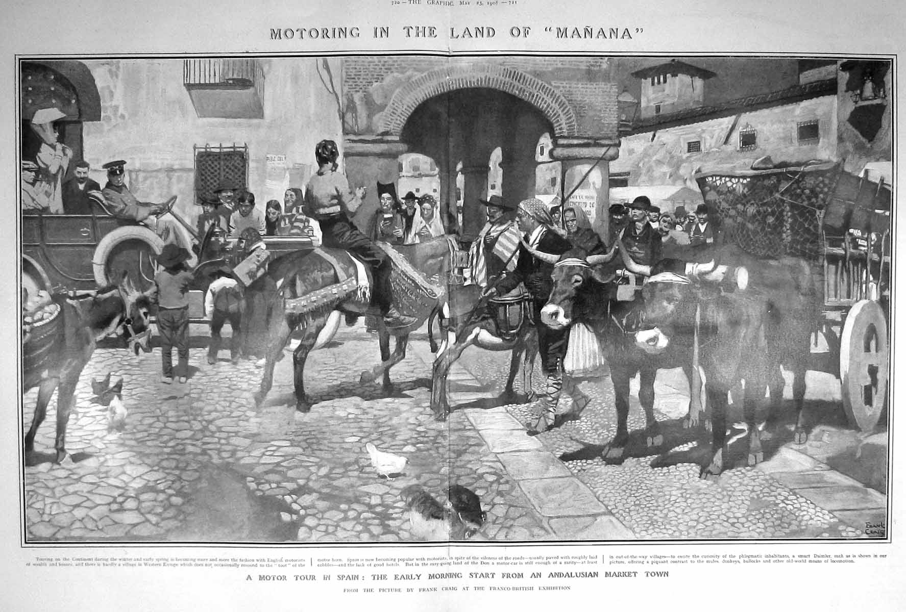 Old Antique Print 1908 Motor Car Tour Spain Andalusian Market Transport 20th