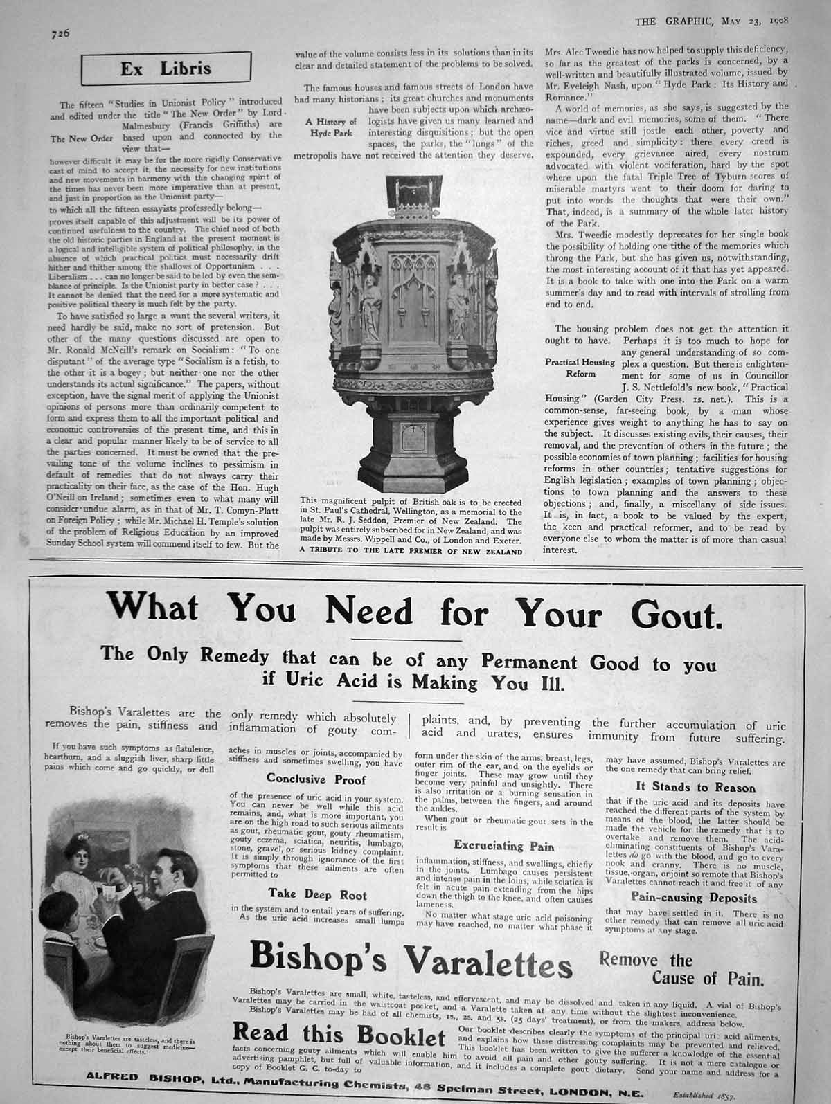 Original Old Antique Print 1908 Pulpit British Oak Paul'S Cathedral Wellington