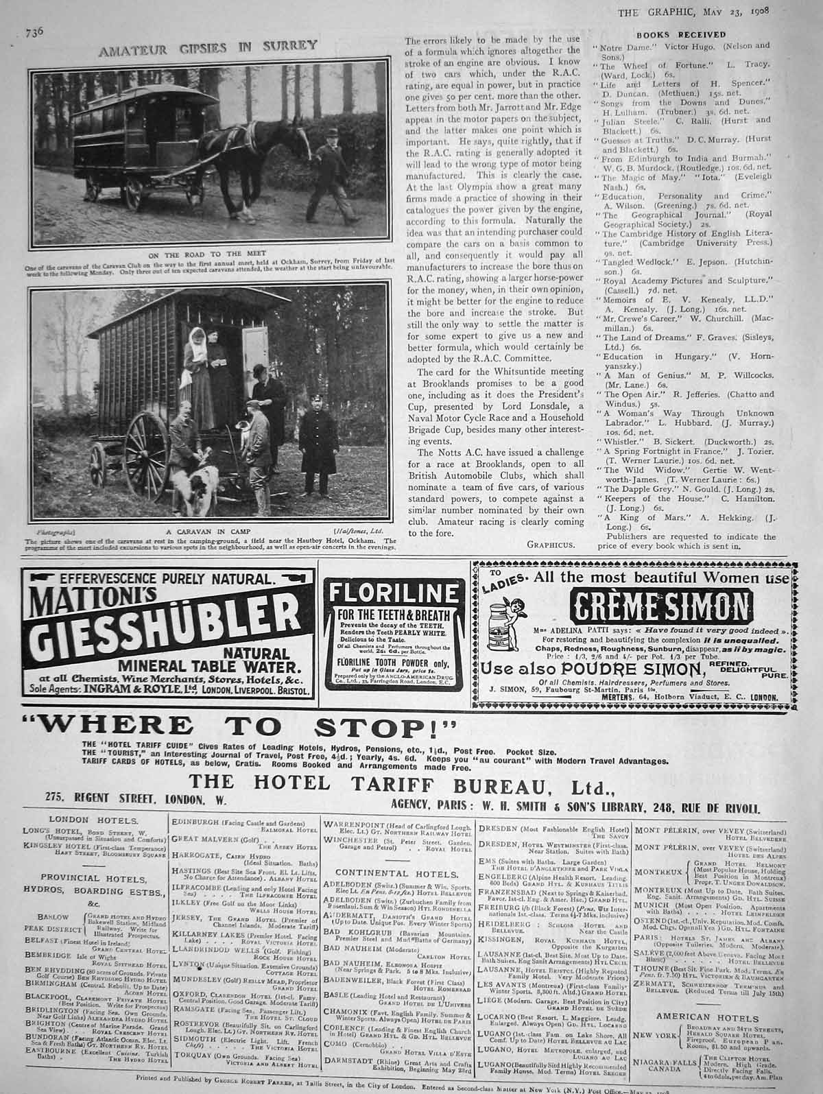 Original Old Antique Print 1908 Caravan Club Ockham Surrey Hautboy Hotel Bureau