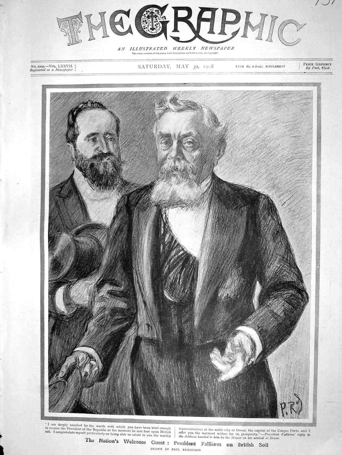 Original Old Antique Print 1908 President Fallieres Britain Men Portrait Sketch
