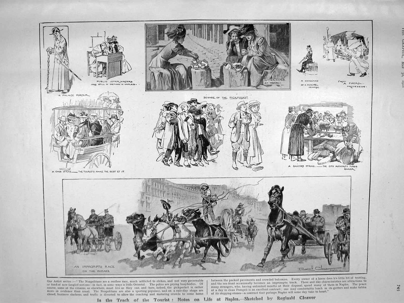 Original Old Antique Print 1908 Tourists Naples Italy Temple Flower Show Patti