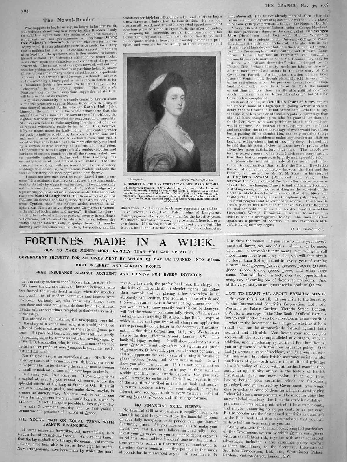 Original Old Antique Print 1908 Portrait Mrs Maria Hughes Lechmere Romney 20th