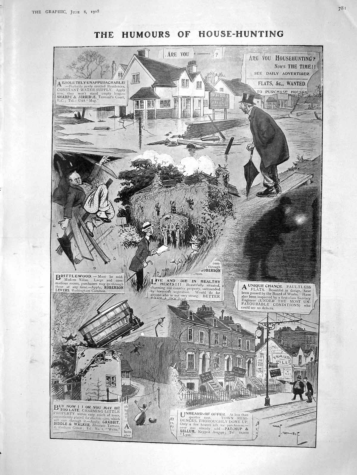 Old Antique Print 1908 House Hunting Comedy Buckingham Palace Grenadier 20th