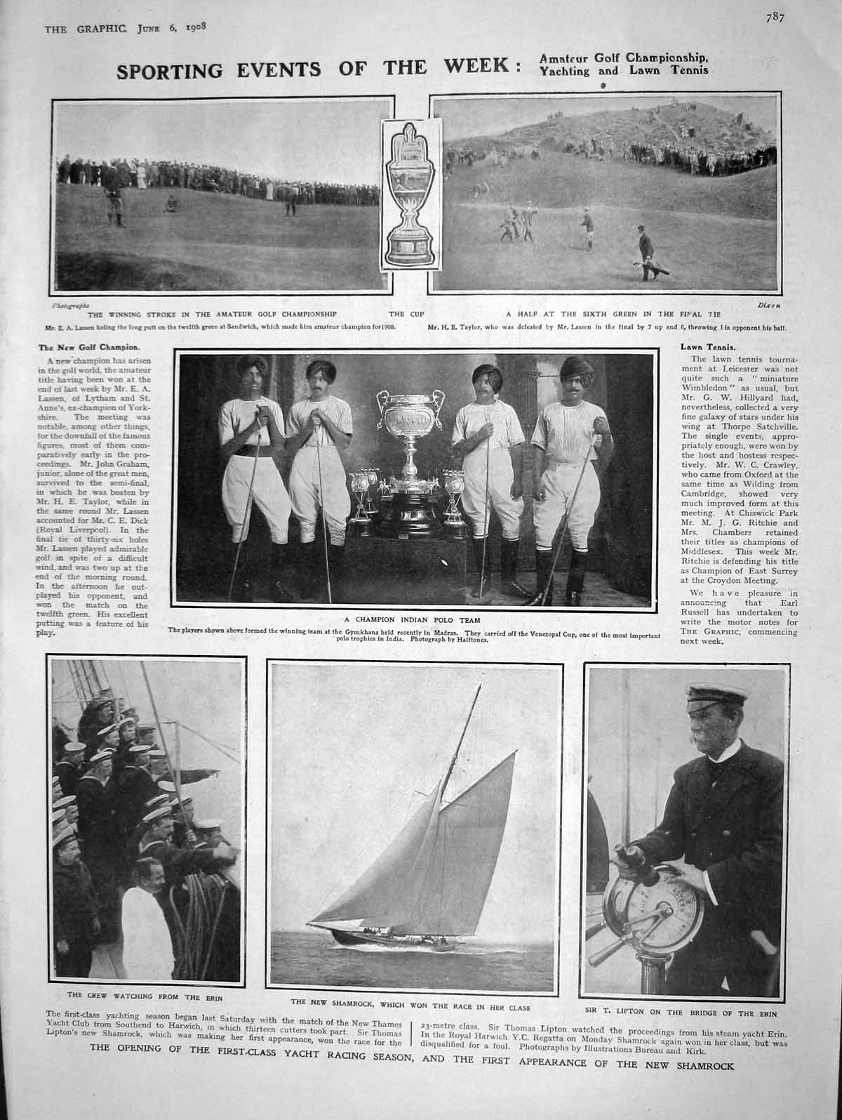 Old Antique Print 1908 Indian Polo Golf Taylor Lipton Shamrock Conqueror 20th