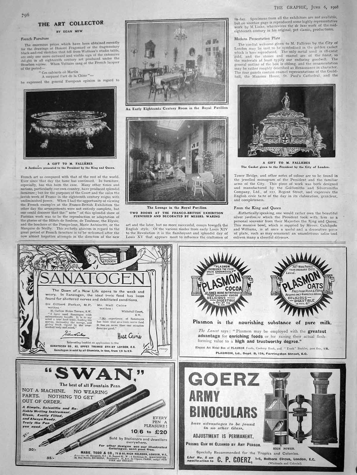 Old Antique Print 1908 Royal Pavilion Casket Fallieres Jardiniere Waring 20th