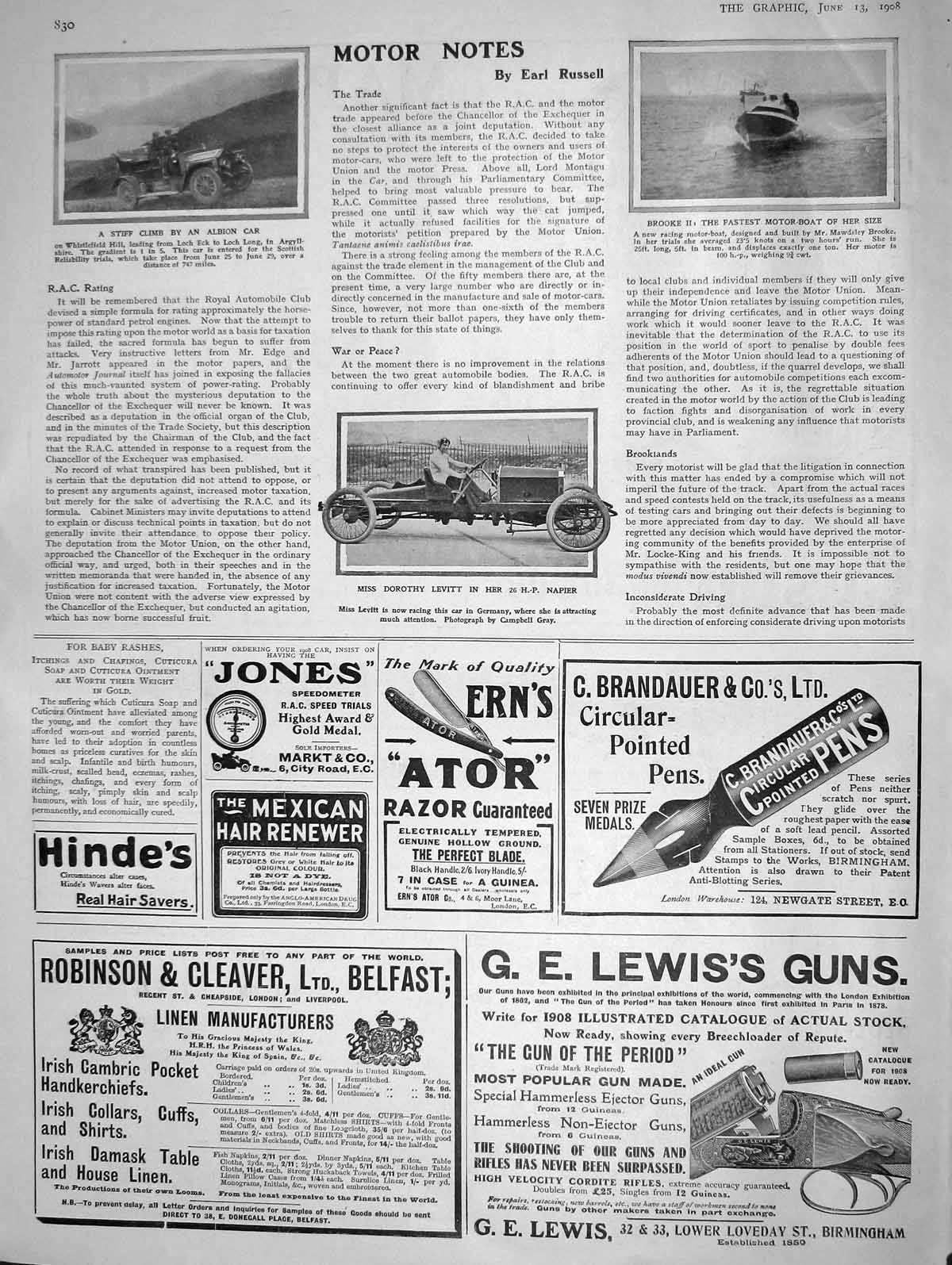 Old Antique Print 1908 Albion Motor Car Brooke Motor-Boat Levitt Napier 20th