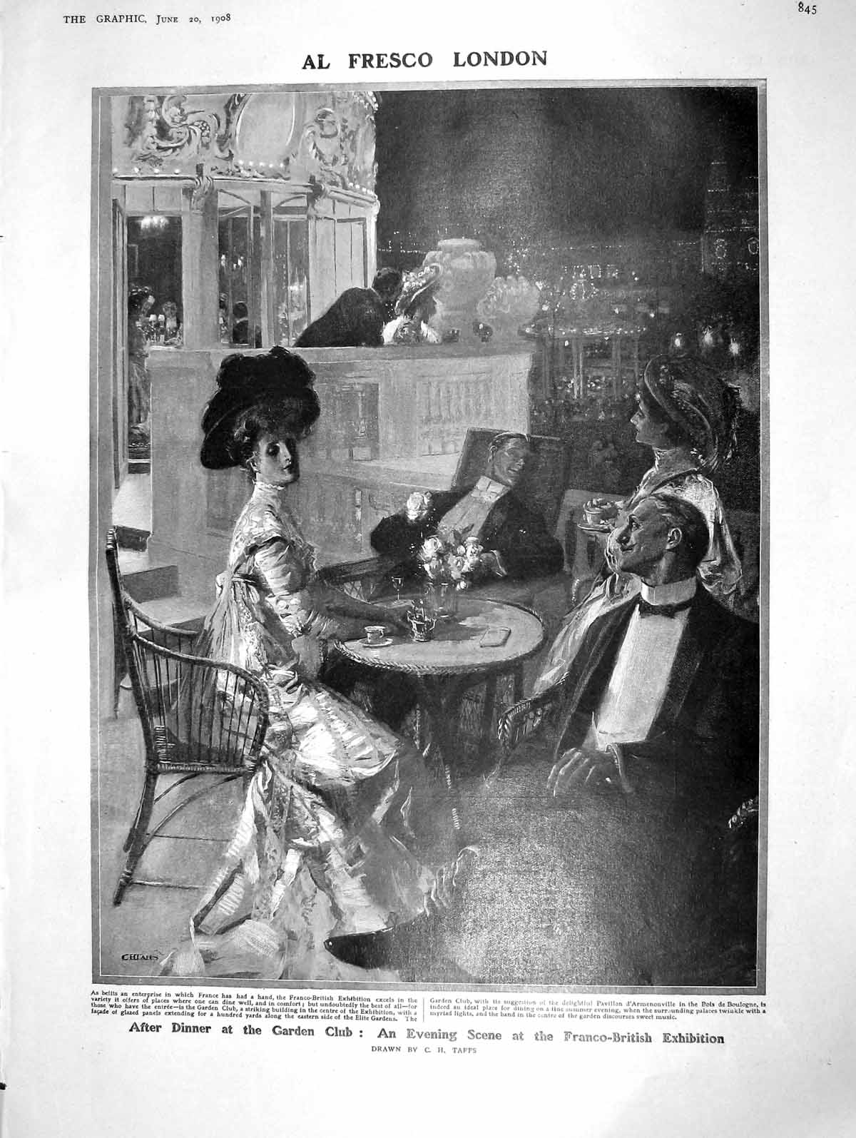 Original Old Antique Print 1908 Dinner Garden Club Franco-British Lloyd George