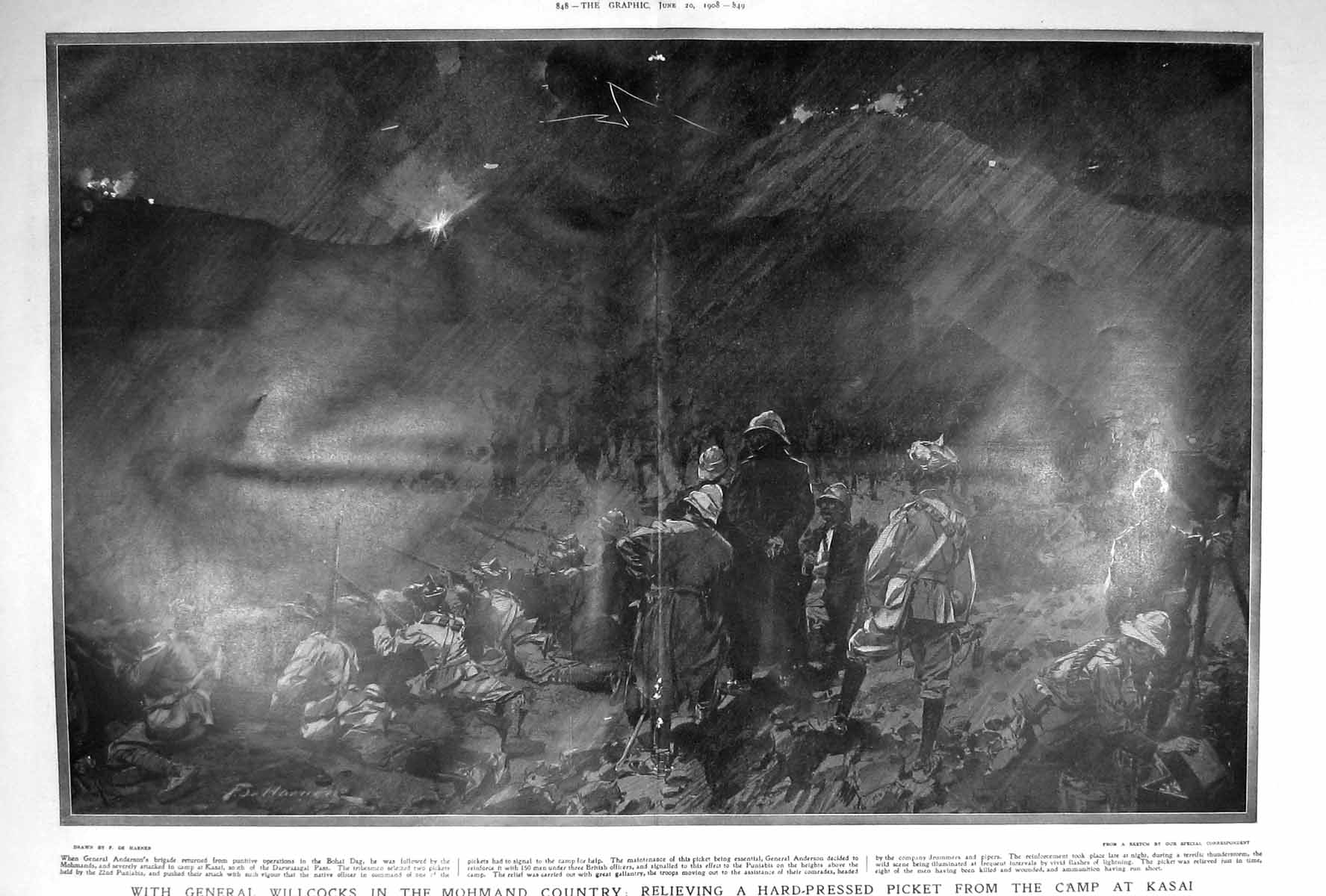Original Old Antique Print 1908 General Willcocks Mohmand Country Camp Kasai