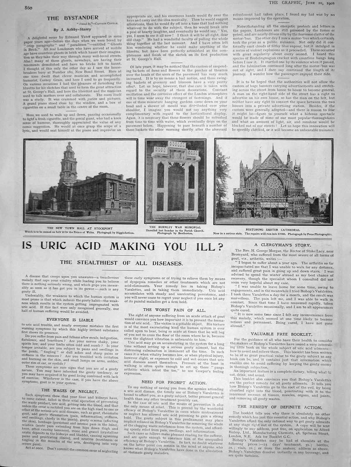 Original Old Antique Print 1908 Town Hall Stockport Burnely War Memorial Exeter