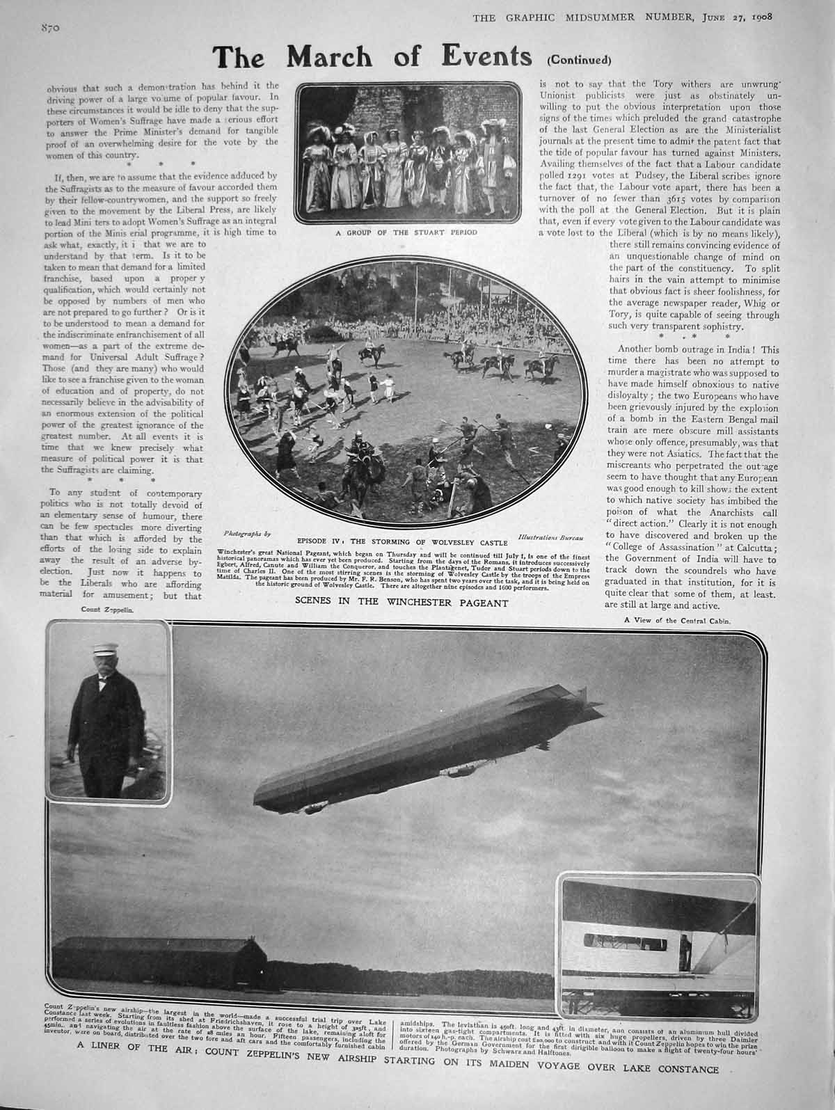 Original Old Antique Print 1908 Winchester Pageant Zeppelin Airship Suffragists