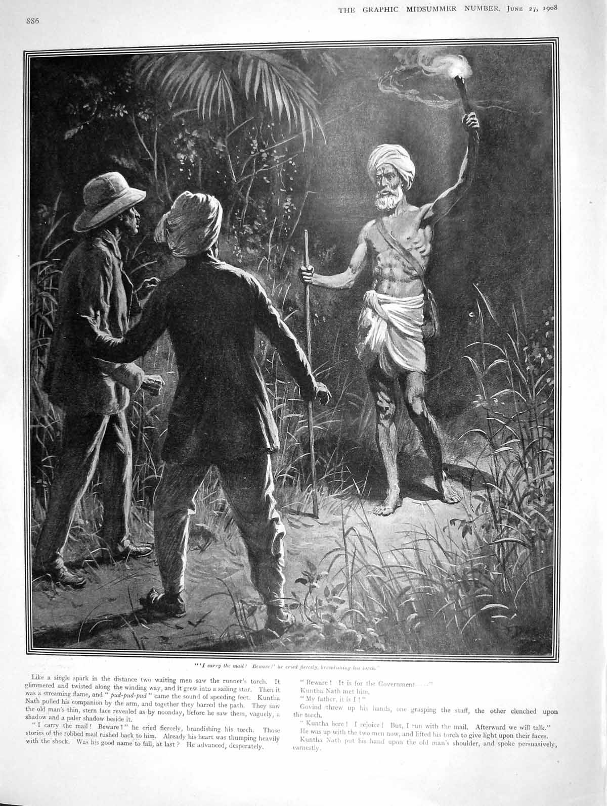 Original Old Antique Print 1908 Native Man Fire Torch Kuntha Nath 20th Century