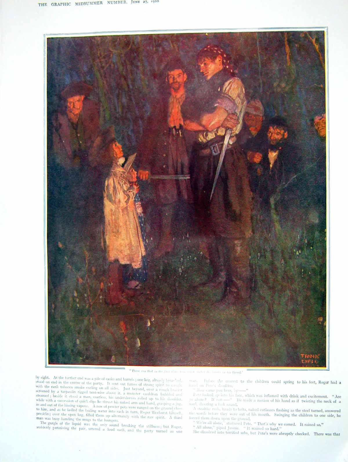 Original Old Antique Print 1908 Colour Young Boy Man Duel Swords Frank Dadd