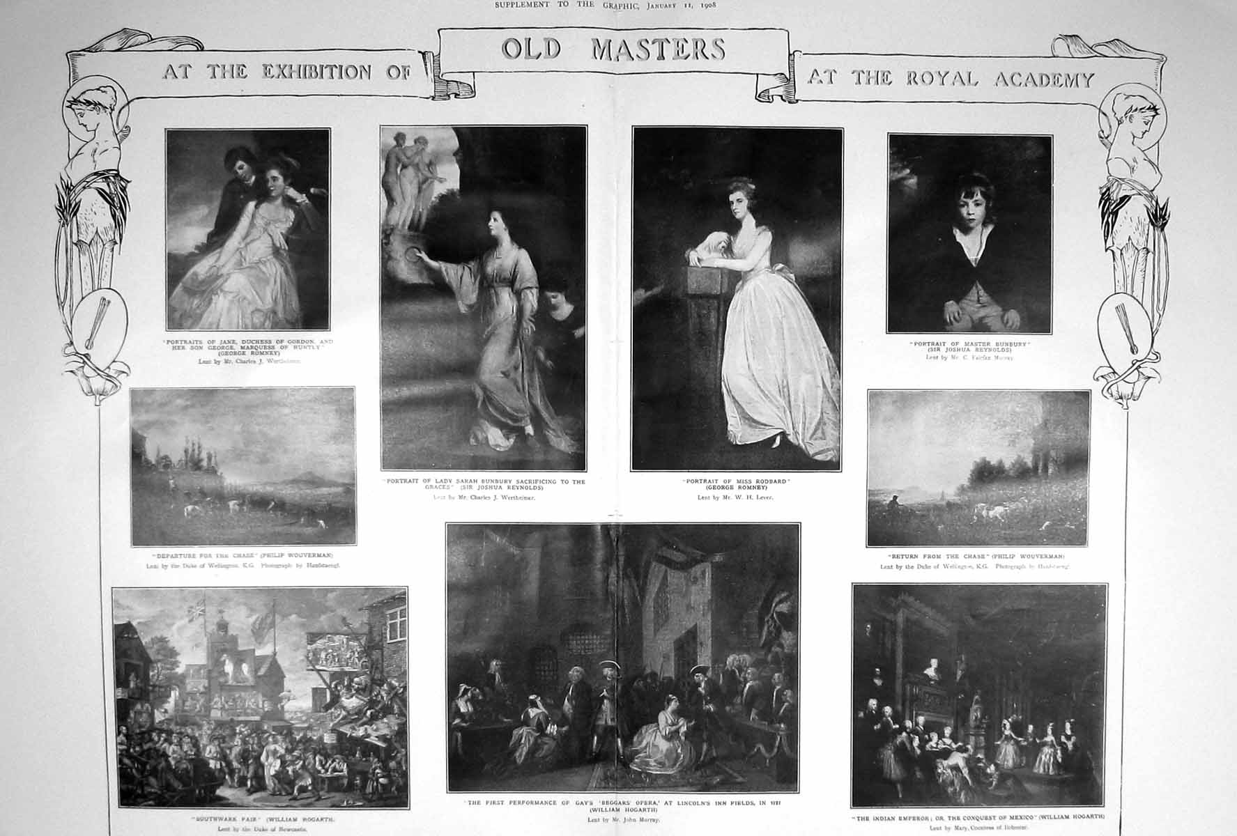 Old Antique Print 1908 Royal Academy Art Rodbard Bunbury Hogarth Gordon 20th