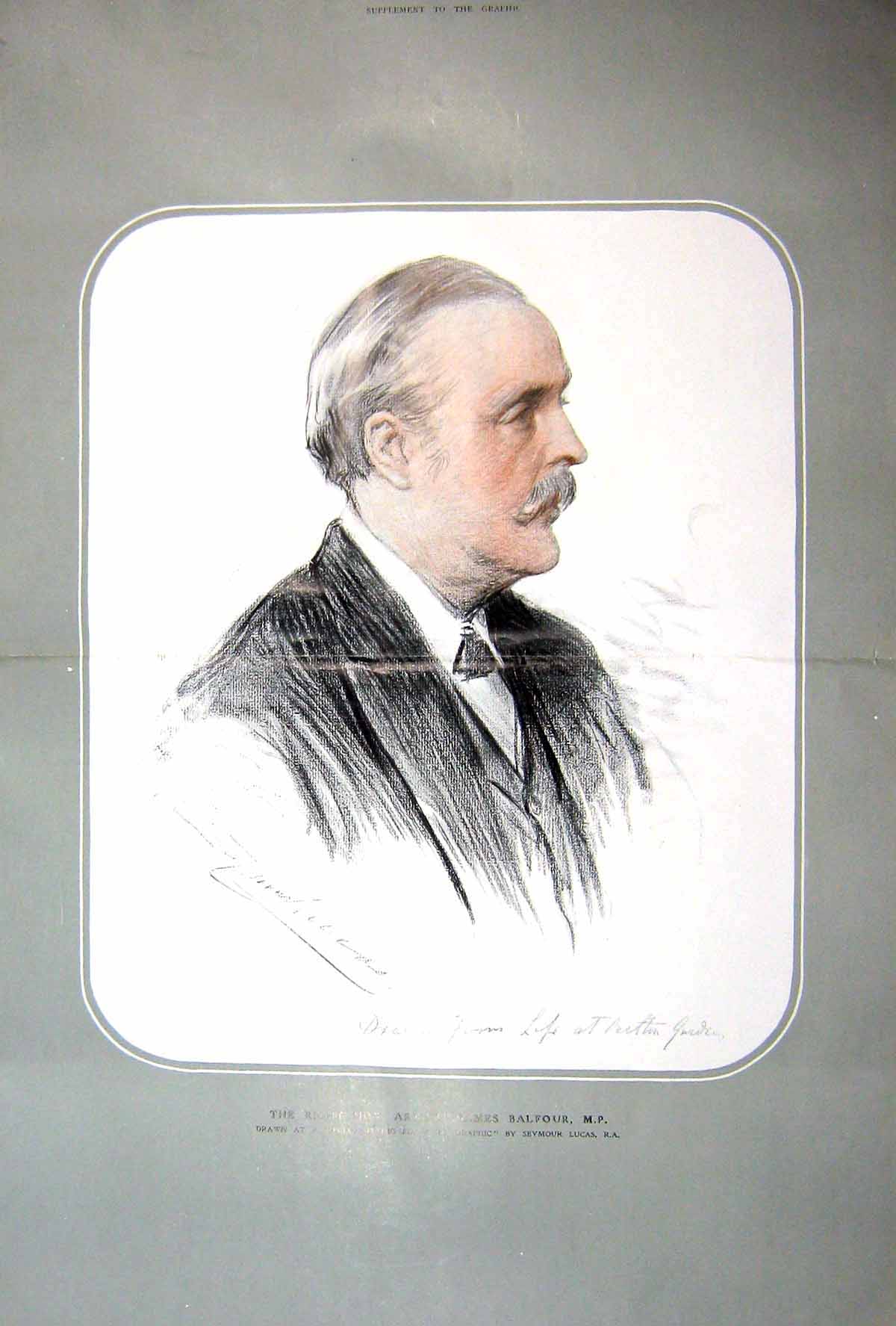 Old Antique Print 1908 Colour Portrait Arthur James Balfour Parliament 20th