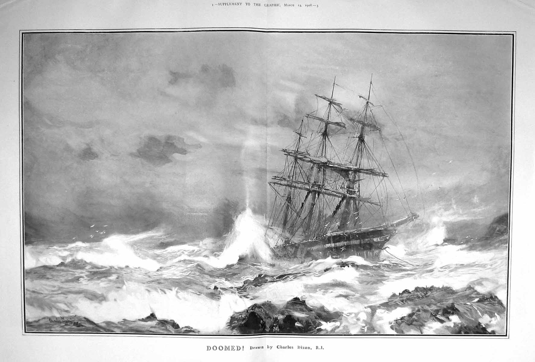Original Old Antique Print 1908 Charles Dixon Doomed Ship Stormy Sea Scene
