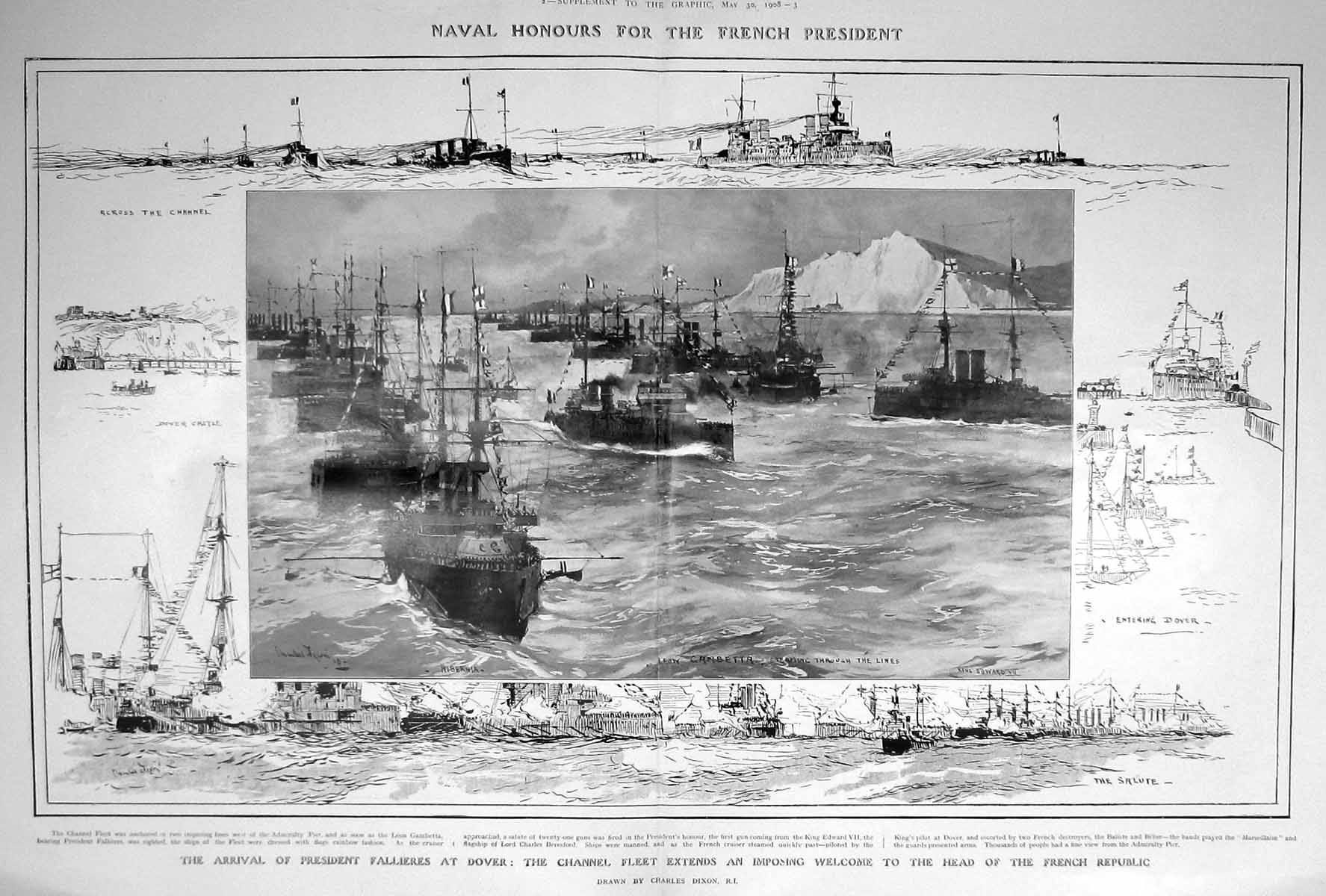Antique Old Print 1908 President Fallieres Dover Channel Fleet Ship Dover 20th
