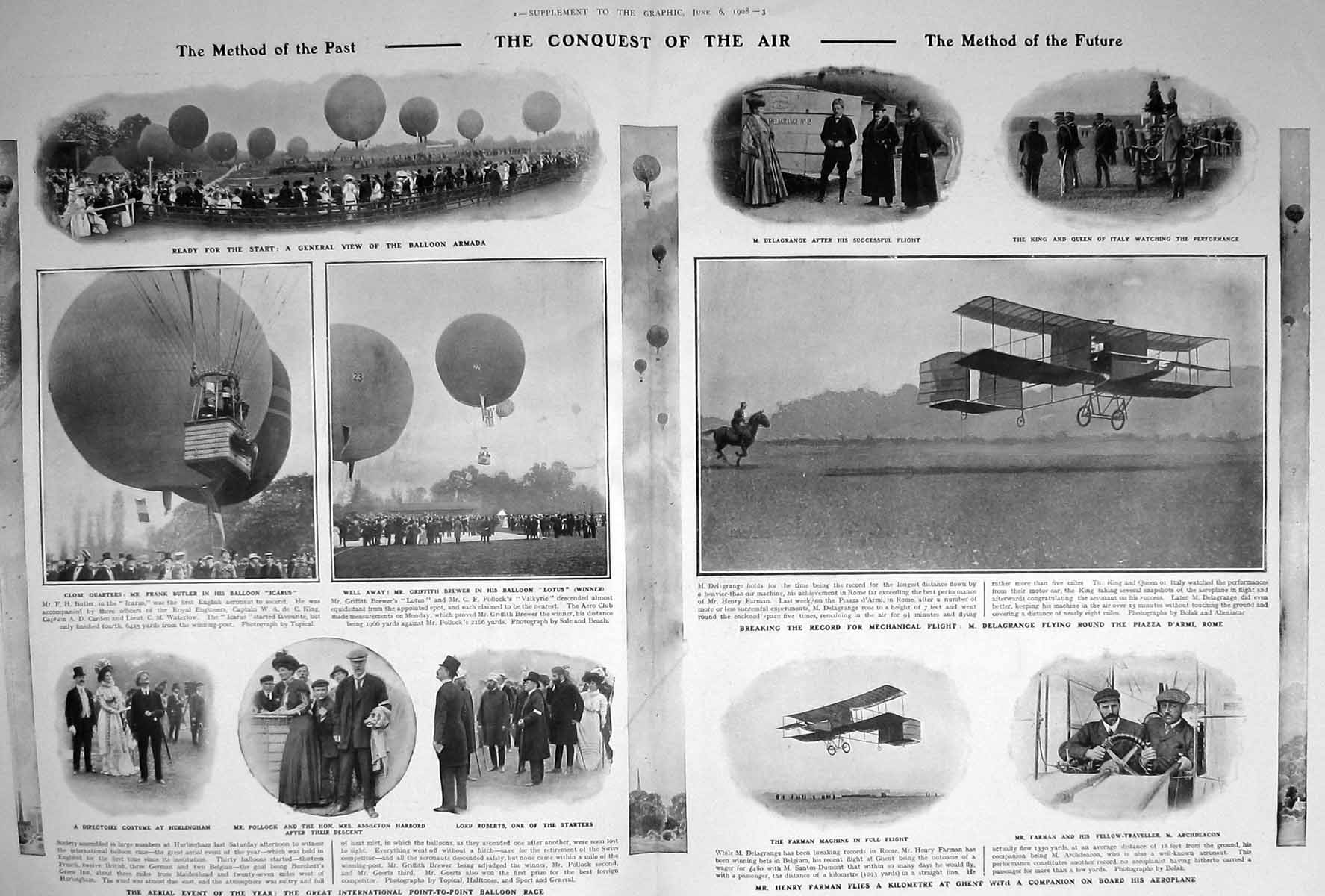 Original Old Antique Print 1908 Delagrange Aeroplane Farman Archdeacon Balloon